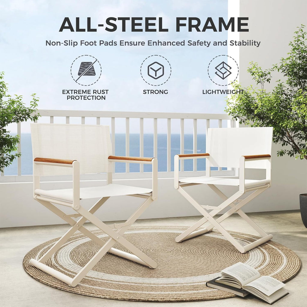 Extra-Wide 2-Pack Directors Chairs, Outdoor Folding Chairs with UV-Resistant Mesh Sling for Camping, Patio, Poolside, Apricot