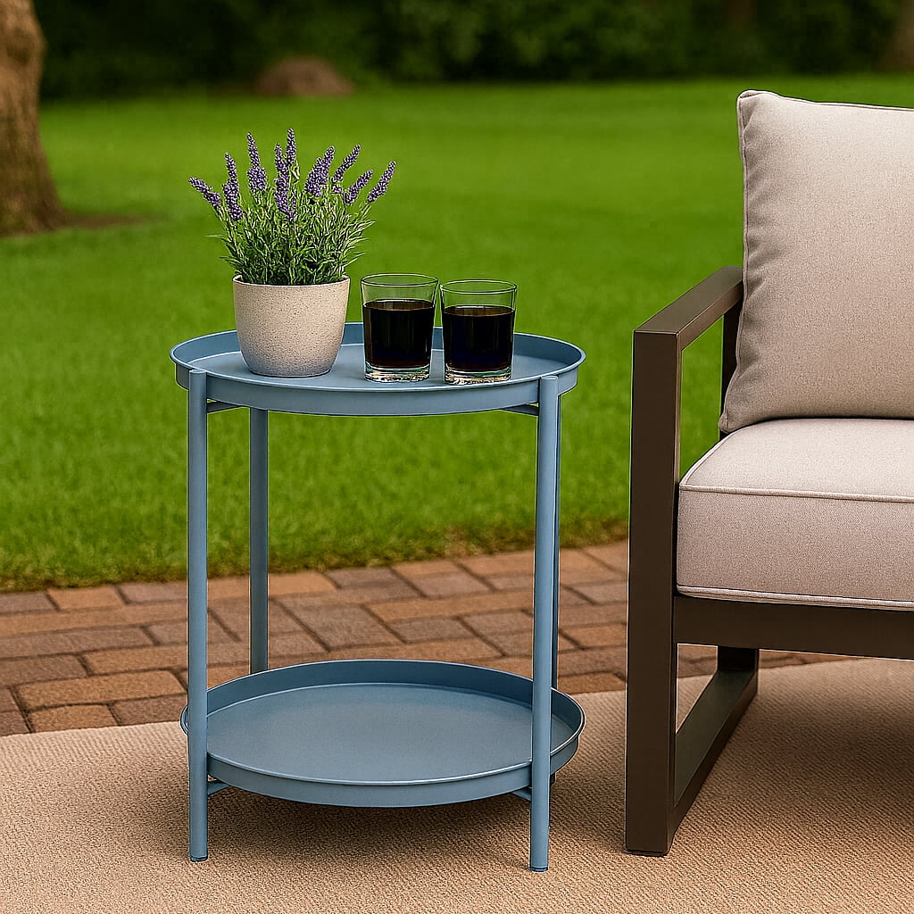 2-Tier Round Metal End Table with Removable Tray – Small Space-Saving Side Table for Living Room, Bedroom, Balcony, Patio, Blue