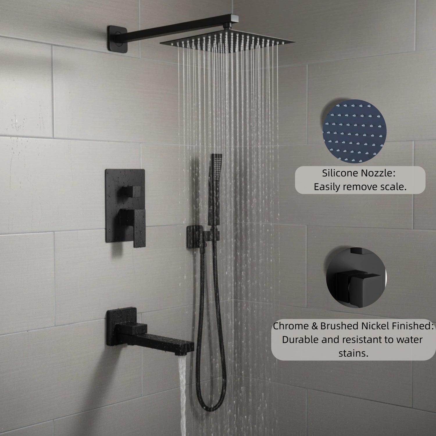Nygira Rainfall Bathroom Shower System Rain Shower Head and Handle Set, Wall Mounted Shower Faucet Set with Tub Spout, Rough-in Valve, Black
