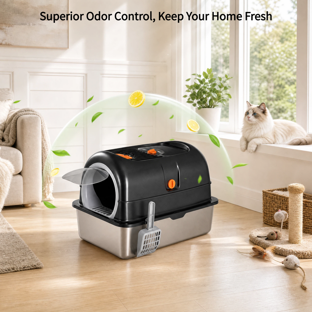 Roomisland Stainless Steel Litter Box with Lid, 3 in 1 Covered Metal Cat Litter Box,High Sided Anti-Leak Cat Box with Scoop & Mat, Front & Top Entry Easy Cleaning