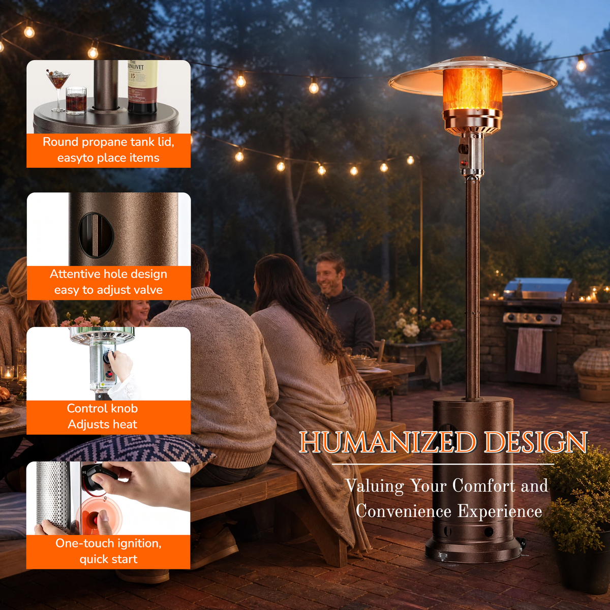 Roomisland 48000 BTU Outdoor Propane Heater with Sand Box Anti-Tip Base, Weighted Patio Heater on Wheels, Double-Layer Stainless Burner, Windproof Auto-Off for Backyard Deck Garden