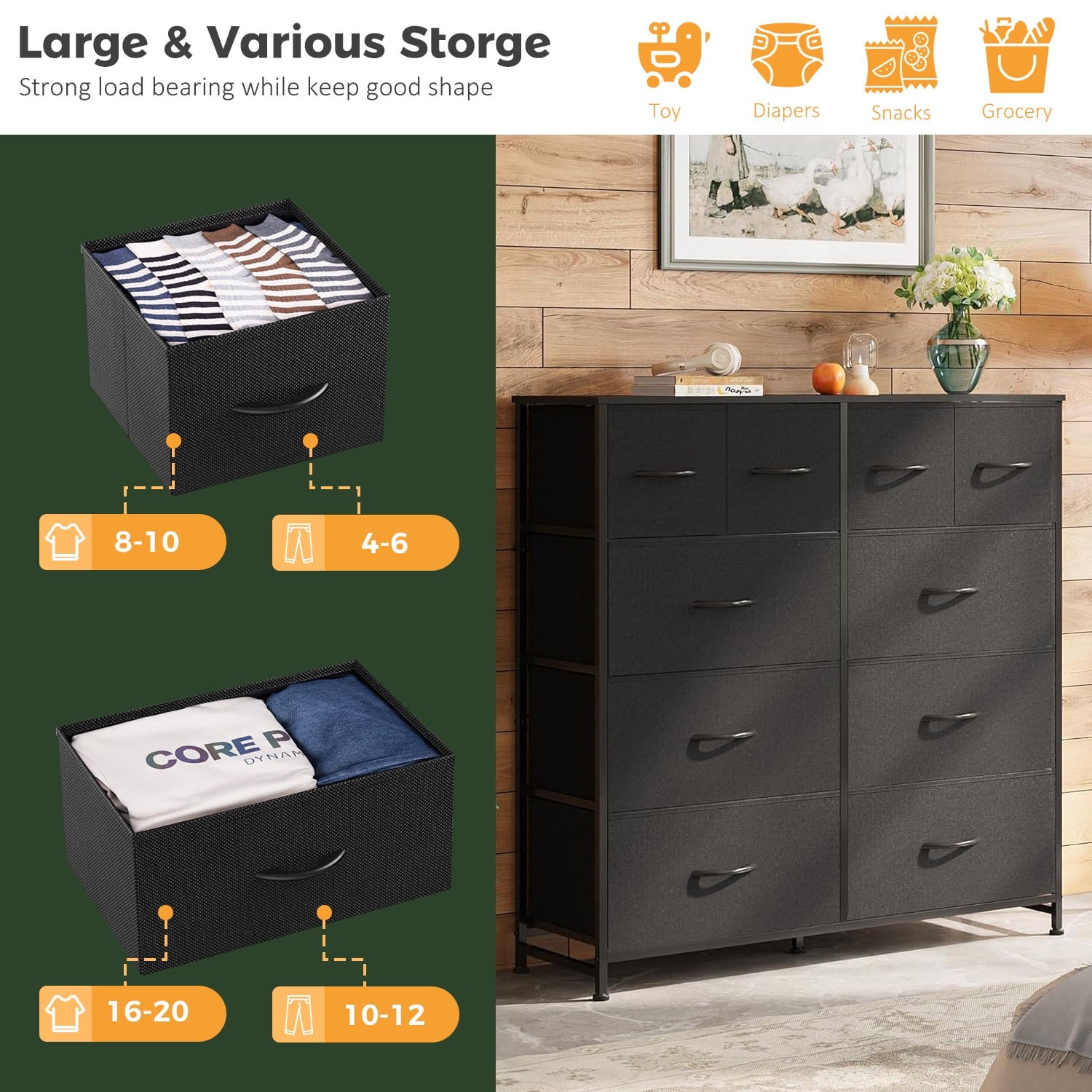 10 Drawers Dresser, Fabric Closet Chests Storage Organizer Tower with Wooden Top Metal Frame for Bedroom Living Room Hallway Entryway, Black