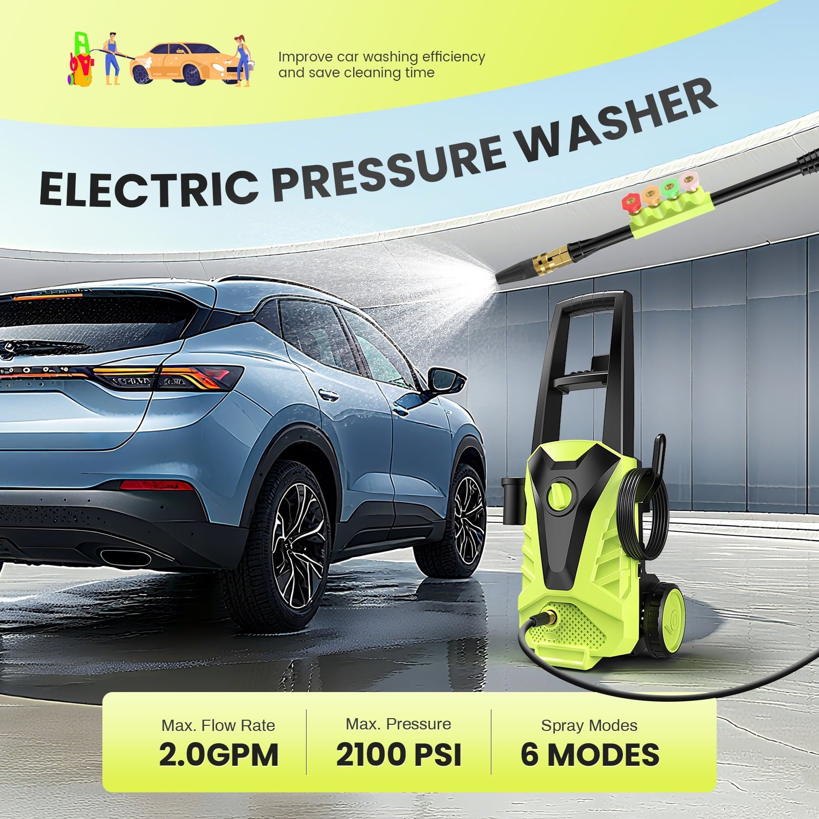Electric Pressure Washer, 2100 Max PSI 2.0 Max GPM with Foam Cannon, 5 Quick Connect Nozzles, for Cars/Fences/Driveways/Home/Patios, Green