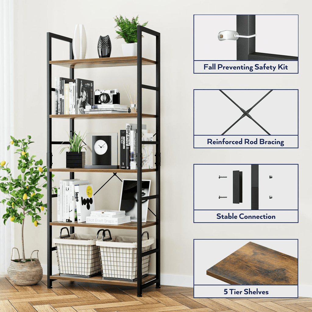 5 Tier BookShelf, Free Standing Storage Shelving Unit for Living Room/Bathroom/Office/Garage, Adjustable, Easy Assembly, Rustic Brown