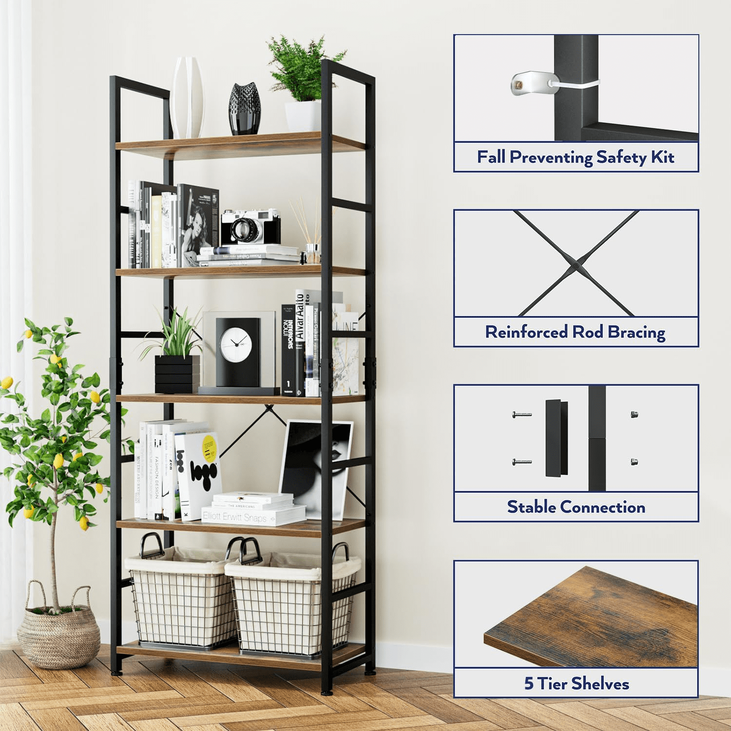 5 Tier BookShelf, Free Standing Storage Shelving Unit for Living Room/Bathroom/Office/Garage, Adjustable, Easy Assembly, Rustic Brown