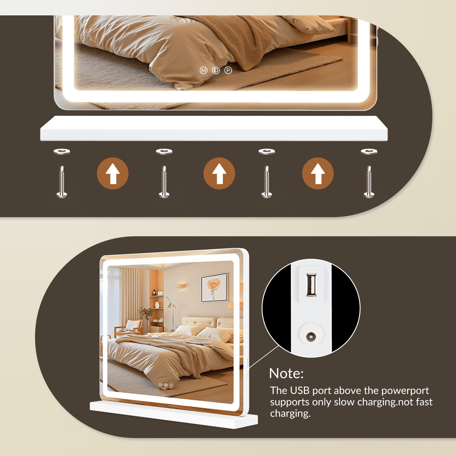 Lighted Makeup Mirror, 19"*22" Vanity Mirror with LED, 3 Lighting Modes, Dimmable Touch Control, USB Charging Port for Desk, Dorm, Bedroom