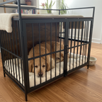 Nygira 41 Inch Dog Crate Furniture with 360° Rotatable Bowls, Wooden Kennel with Double Doors for Large Dogs, Indoor Pet House End Table, Rustic Brown