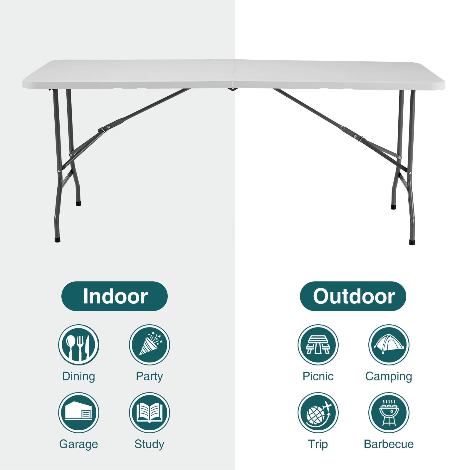 6FT Outdoor Picnic Table Folding Table Portable Camping Table Plastic Indoor Dining Table for Party Event,White