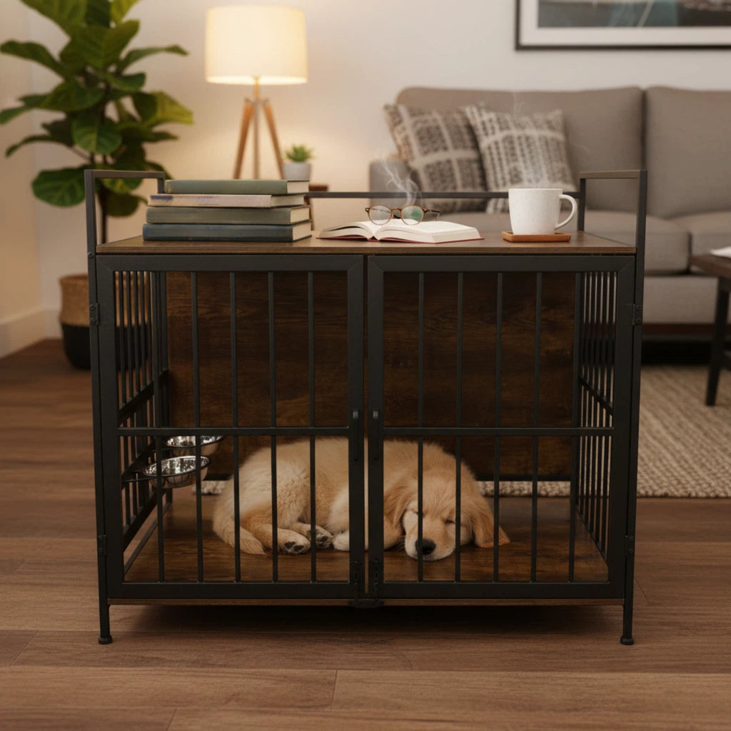 Nygira 41 Inch Dog Crate Furniture with 360° Rotatable Bowls, Wooden Kennel with Double Doors for Large Dogs, Indoor Pet House End Table, Rustic Brown