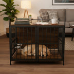 Nygira 41 Inch Dog Crate Furniture with 360° Rotatable Bowls, Wooden Kennel with Double Doors for Large Dogs, Indoor Pet House End Table, Rustic Brown