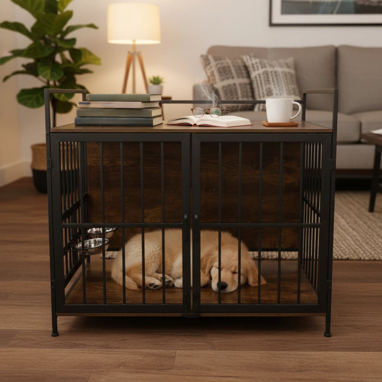 Nygira 41 Inch Dog Crate Furniture with 360° Rotatable Bowls, Wooden Kennel with Double Doors for Large Dogs, Indoor Pet House End Table, Rustic Brown