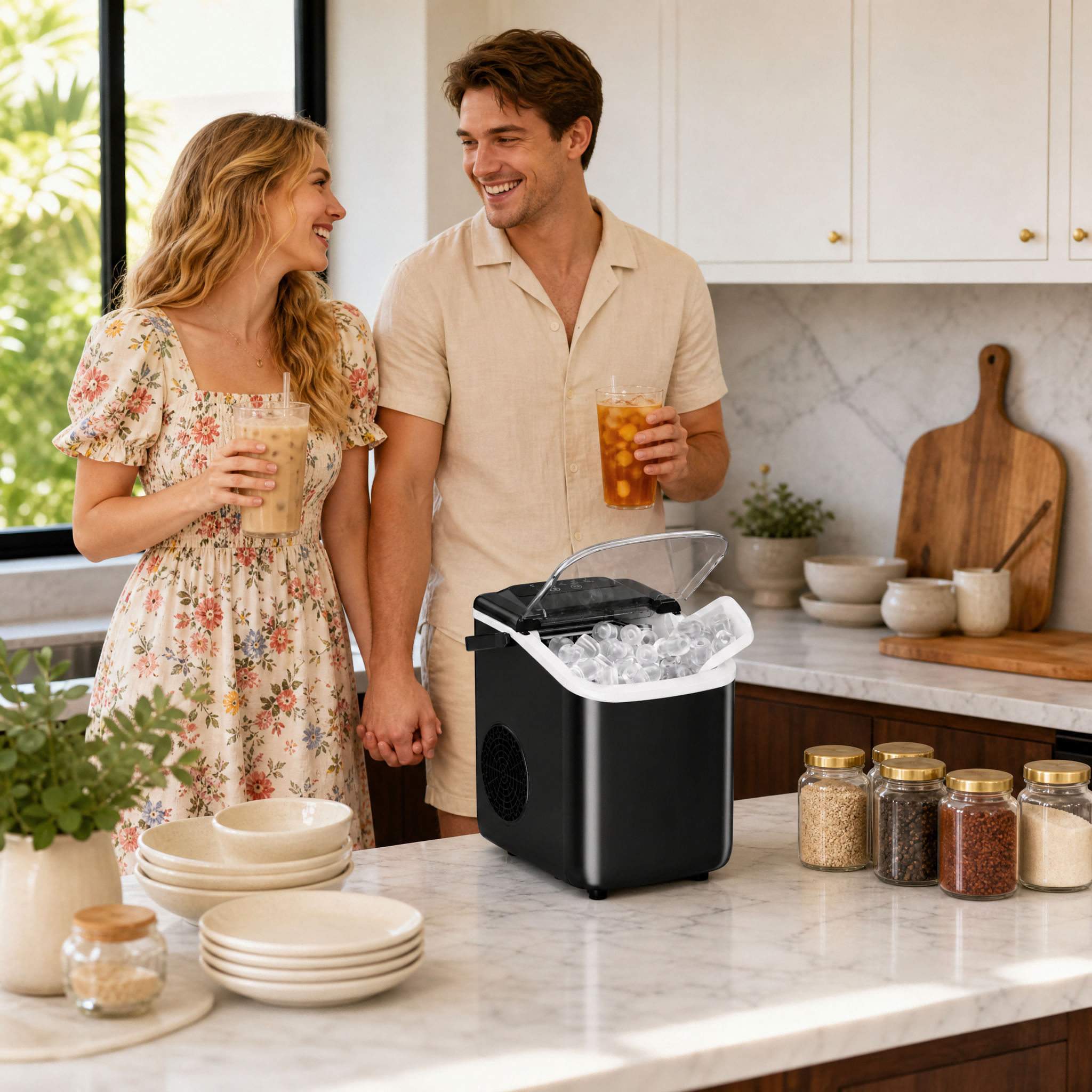 Roomisland Countertop Ice Maker, Portable Ice Machine with Handle, Basket & Scoop, 26Lbs/24H, 9 Bullet Ice Cubes in 6-8 Mins, Auto-Cleaning Silent Ice Maker for Home, Kitchen, RV Camping Outdoor