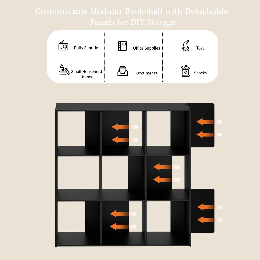 Roomisland 9 Cube Storage Organizer, Wood Bookshelf with Removable Back Panels, Open Cubby Shelf for Home Office Bedroom Living Room, Vertical or Horizontal