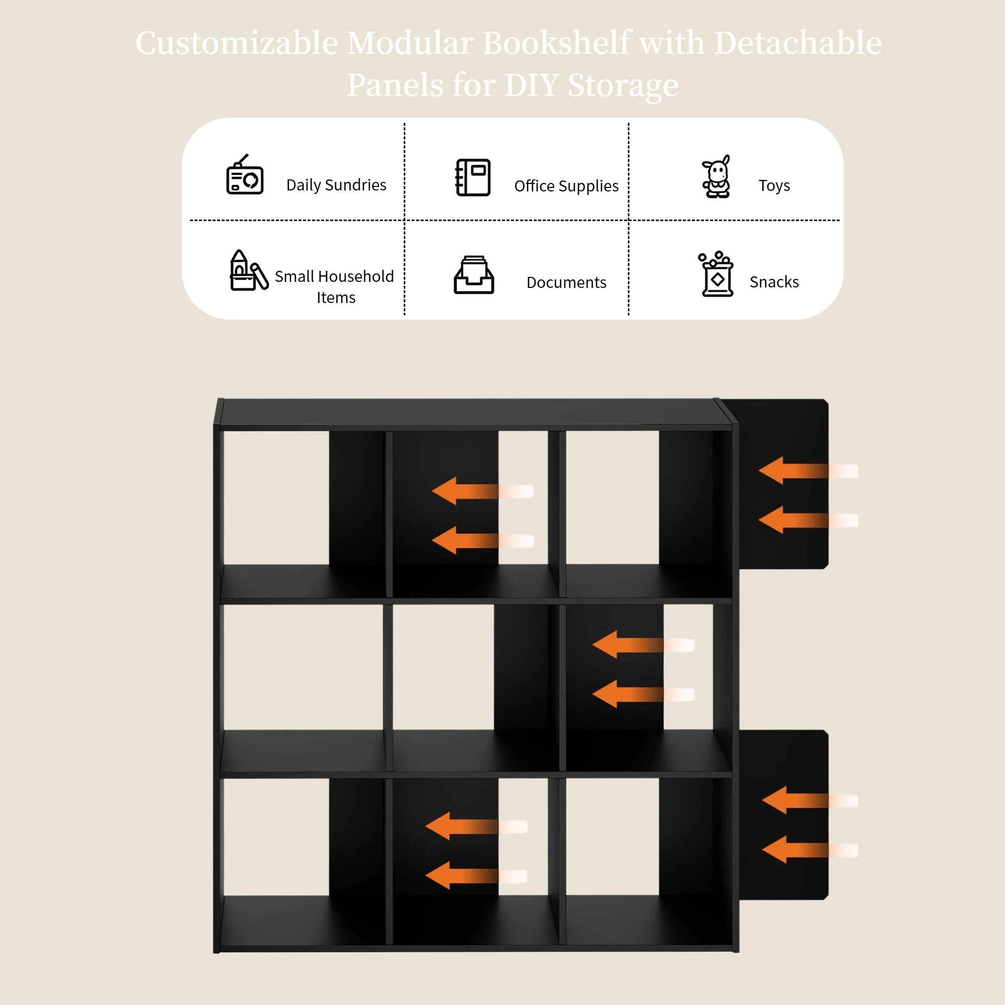 Roomisland 9 Cube Storage Organizer, Wood Bookshelf with Removable Back Panels, Open Cubby Shelf for Home Office Bedroom Living Room, Vertical or Horizontal