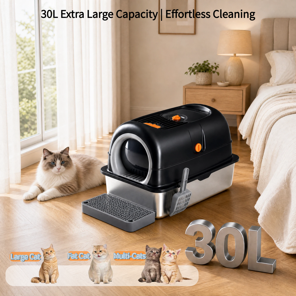 Roomisland Stainless Steel Litter Box with Lid, 3 in 1 Covered Metal Cat Litter Box,High Sided Anti-Leak Cat Box with Scoop & Mat, Front & Top Entry Easy Cleaning