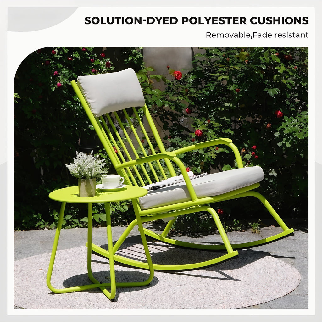 3-PieceOutdoor Rocking Chairs Set for 2 with Thick Cushions and 18-inch Small Round Table, Steel Patio Conversation Set for Backyard, Porch, Deck - Easy Assembly Lime Green