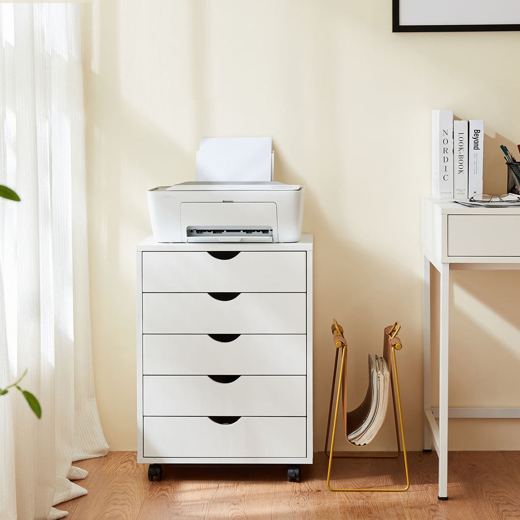 5-Drawer Chest, Wood Storage file Cabinet Rolling Storage Dresser with Wheels for Home Office, White