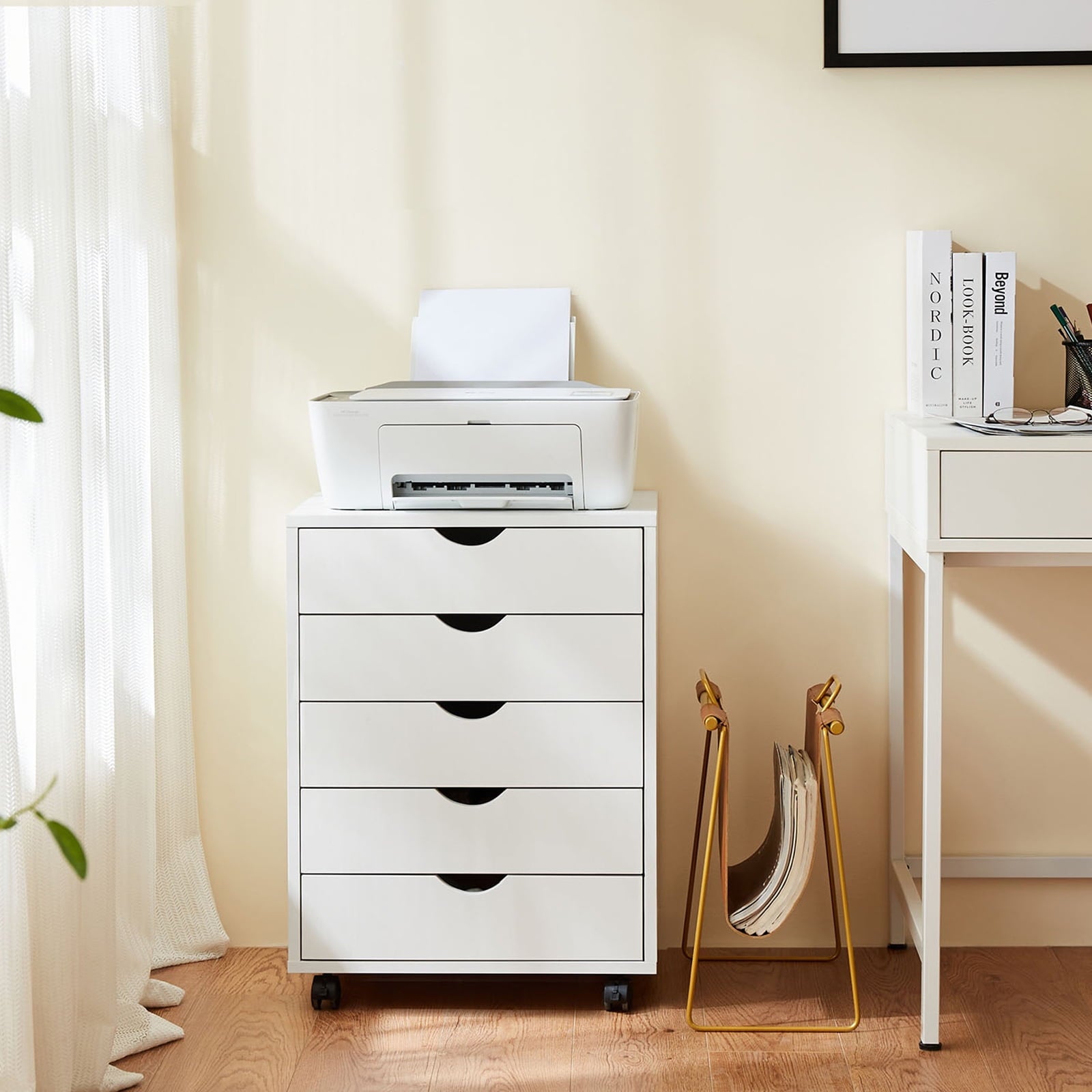 5-Drawer Chest, Wood Storage file Cabinet Rolling Storage Dresser with Wheels for Home Office, White