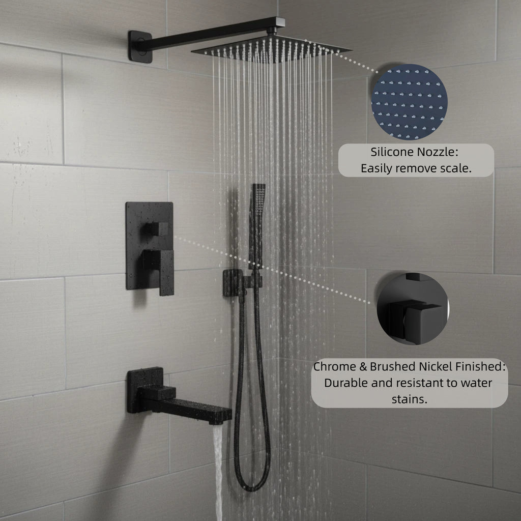Nygira Rainfall Bathroom Shower System Rain Shower Head and Handle Set, Wall Mounted Shower Faucet Set with Tub Spout, Rough-in Valve, Black