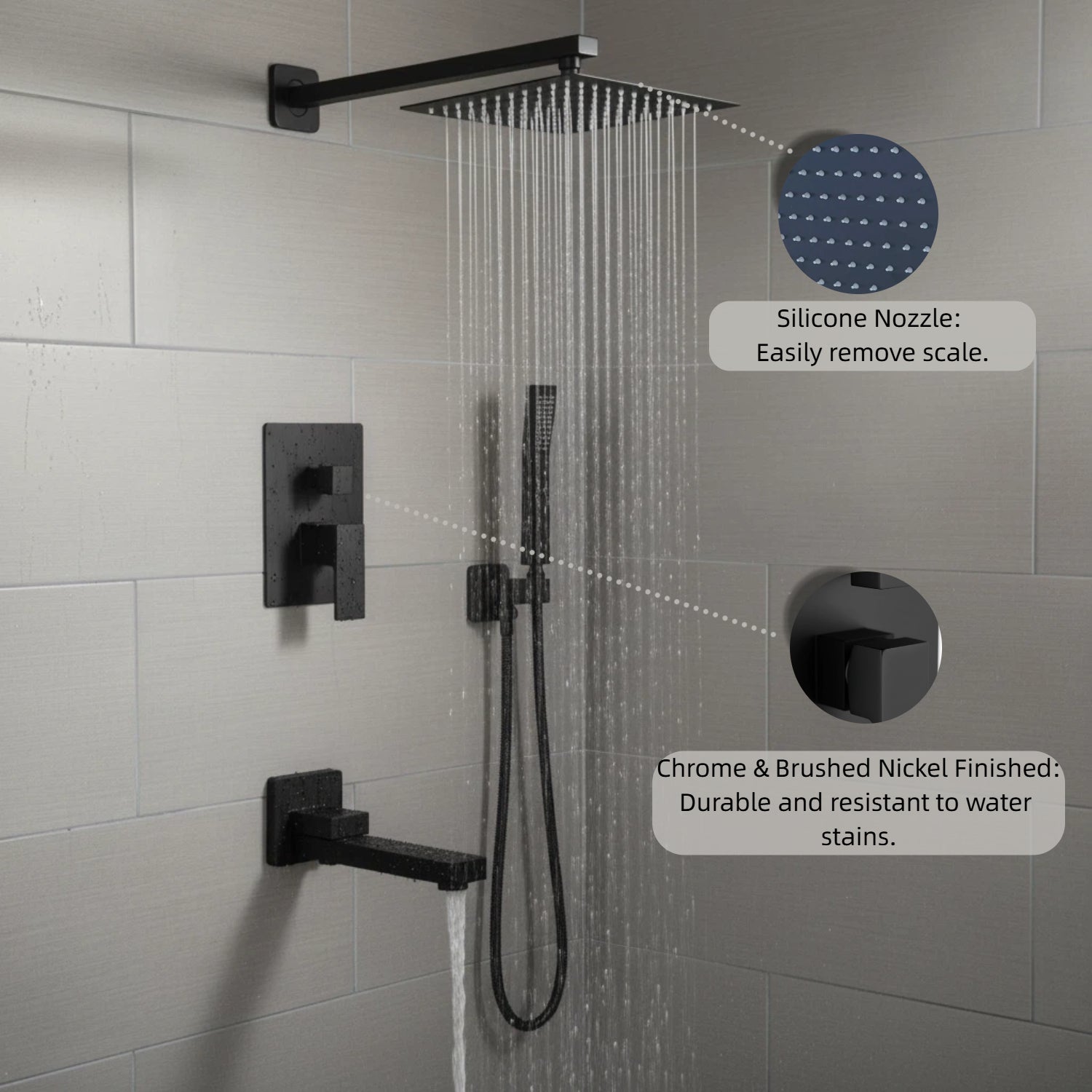Nygira Rainfall Bathroom Shower System Rain Shower Head and Handle Set, Wall Mounted Shower Faucet Set with Tub Spout, Rough-in Valve, Black