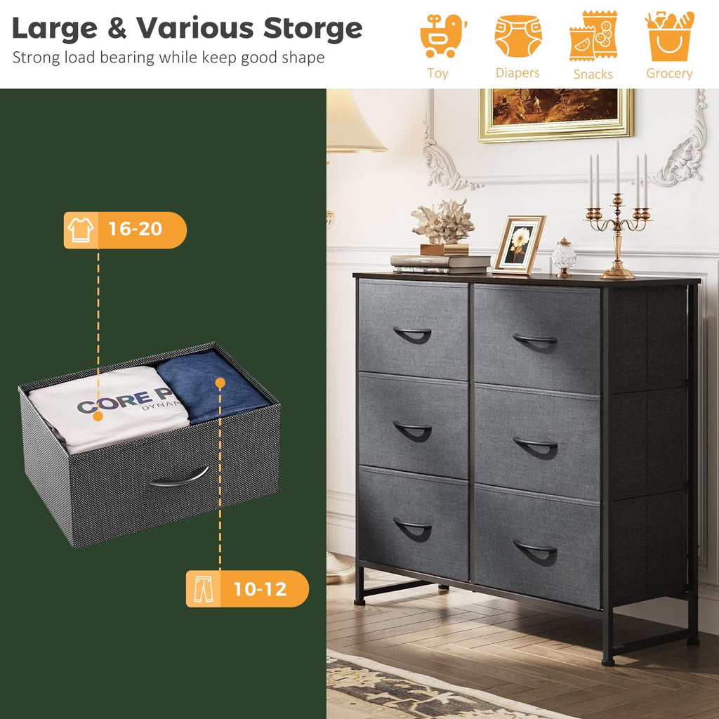 6 Drawers Dresser, Fabric Storage Closet Chests Organizer Tower with Wooden Top Metal Frame for Bedroom Living Room Hallway Entryway, Grey