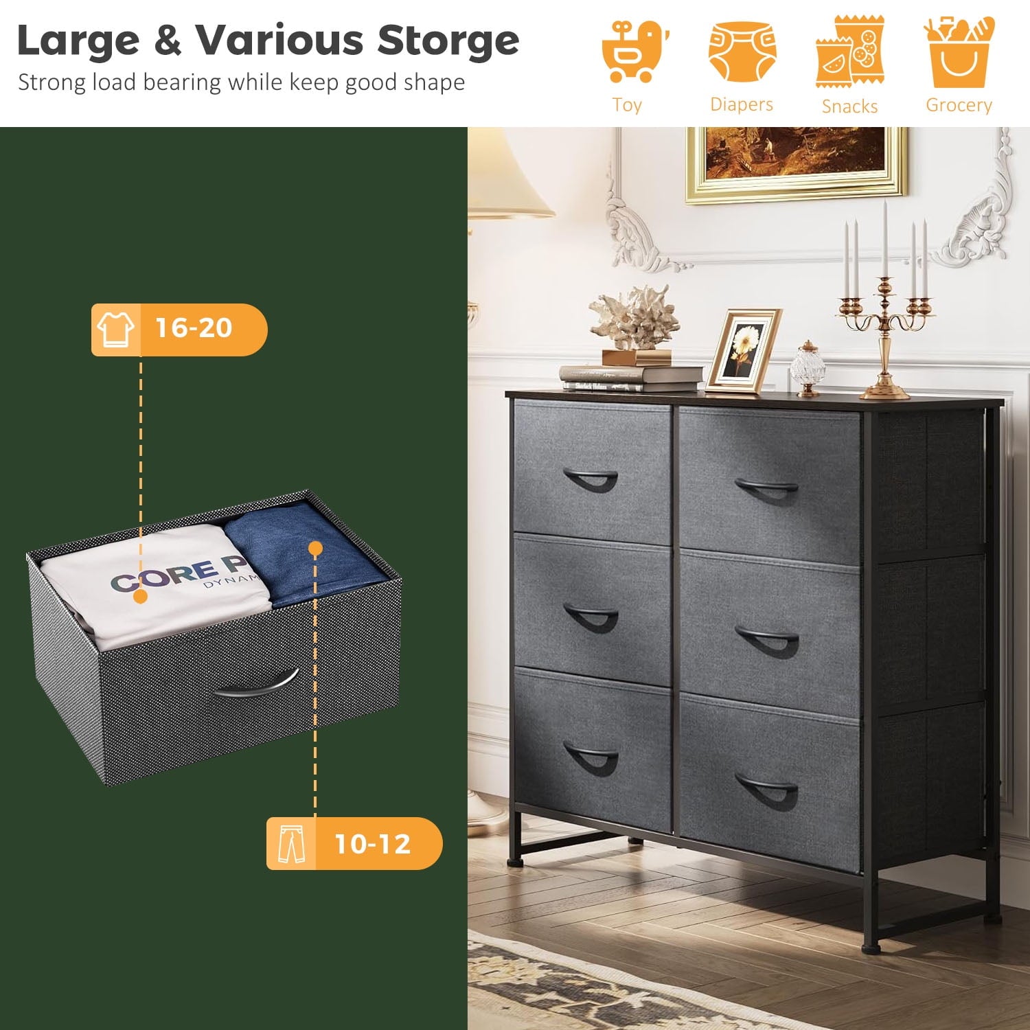 6 Drawers Dresser, Fabric Storage Closet Chests Organizer Tower with Wooden Top Metal Frame for Bedroom Living Room Hallway Entryway, Grey