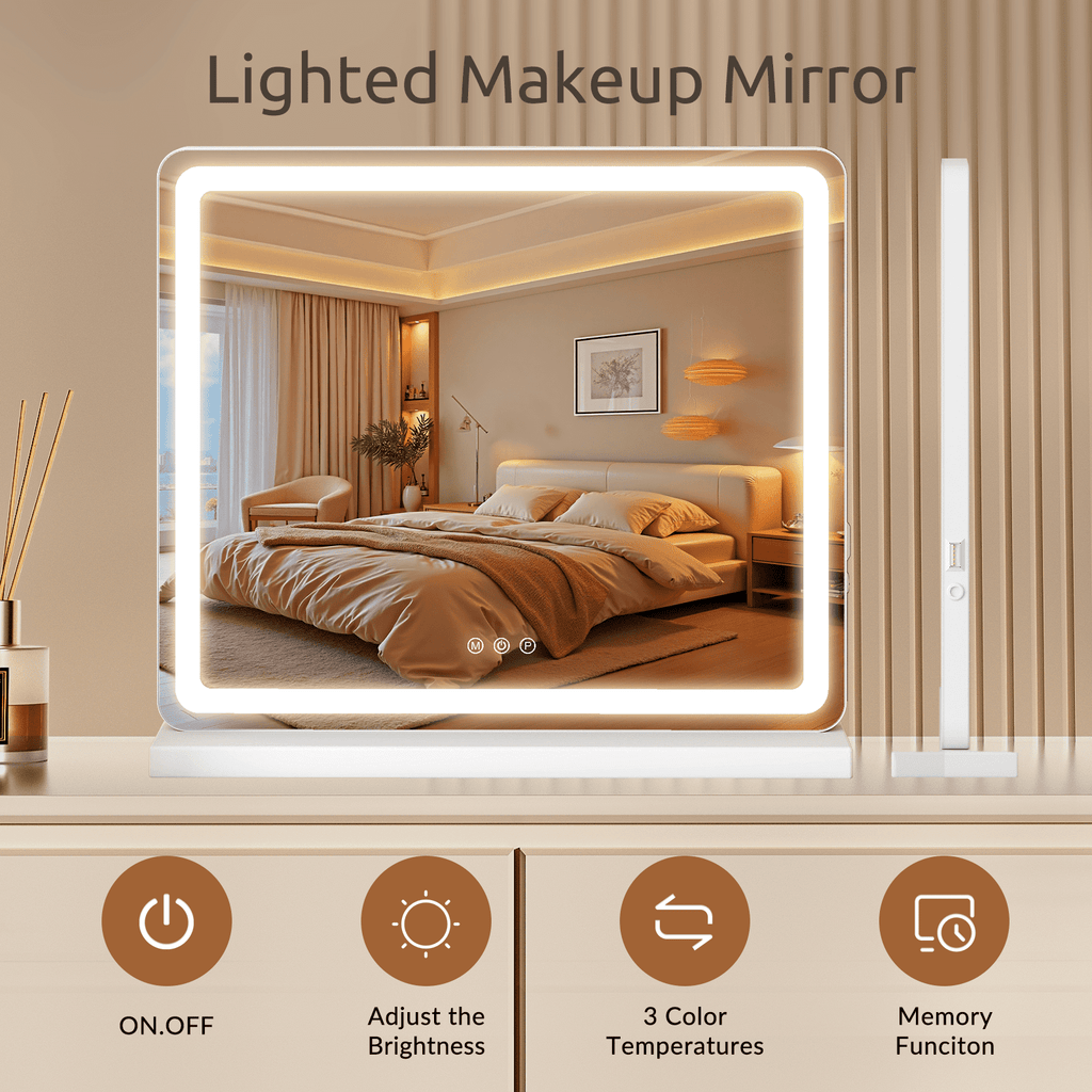 Lighted Makeup Mirror, 19"*22" Vanity Mirror with LED, 3 Lighting Modes, Dimmable Touch Control, USB Charging Port for Desk, Dorm, Bedroom