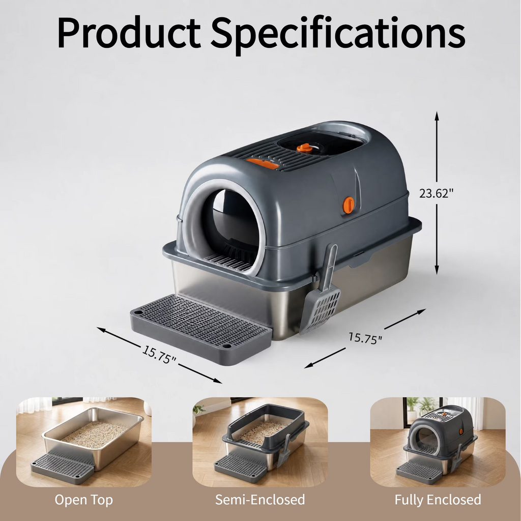 Roomisland Stainless Steel Litter Box with Lid, 3 in 1 Covered Metal Cat Litter Box,High Sided Anti-Leak Cat Box with Scoop & Mat, Front & Top Entry Easy Cleaning