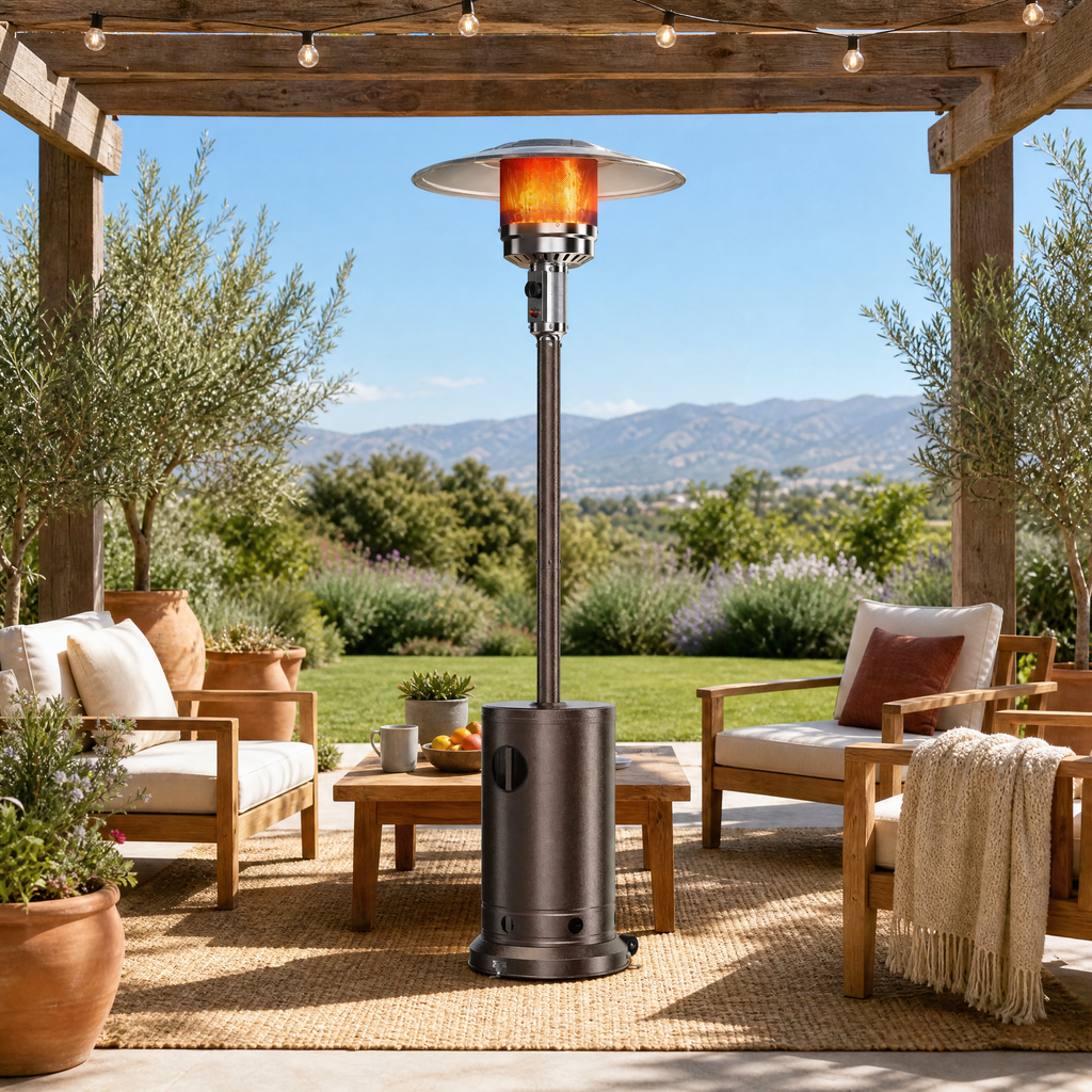 Roomisland 48000 BTU Outdoor Propane Heater with Sand Box Anti-Tip Base, Weighted Patio Heater on Wheels, Double-Layer Stainless Burner, Windproof Auto-Off for Backyard Deck Garden