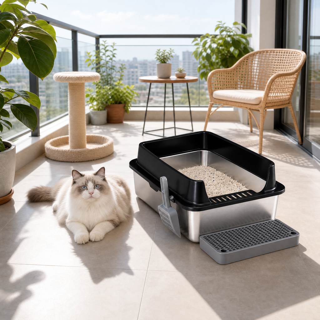 Roomisland Stainless Steel Litter Box with Lid, 3 in 1 Covered Metal Cat Litter Box,High Sided Anti-Leak Cat Box with Scoop & Mat, Front & Top Entry Easy Cleaning