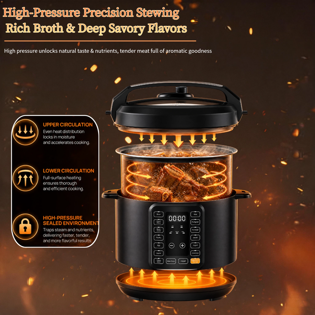 Roomisland 6QT Electric Pressure Cooker, 16-in-1 Stainless Steel Multi Cooker with 12 Preset Programs, Multi- Non-Stick Pot for Slow Cook, Steam, Canning, Dishwasher Safe