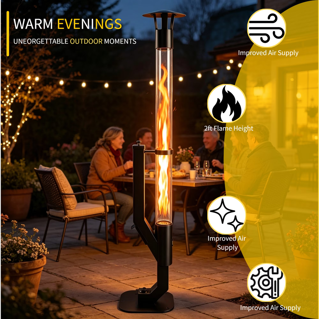 Roomisland 61 inch Steel Smokeless Wood Pellet Fire Torch with Glass Tube, Tall Outdoor Patio Bonfire Ambiance