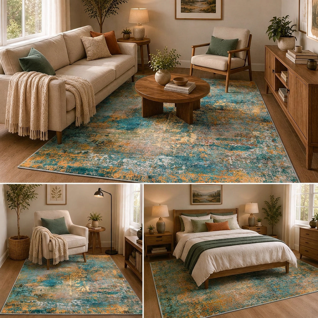 Roomisland Area Rugs 5x7FT Washable for Living Room, Non Slip Modern Abstract Carpet Stain Resistant Soft Low Pile Indoor Floor Rug for Bedroom Kitchen Home Office