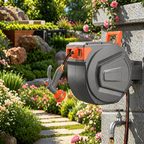 Retractable Garden Hose Reel 65ft, Wall Mount Auto-Rewind Water Hose Reel with 1/2" Anti-Kink Hose, 180° Swivel, Any-Length Lock, 9-Pattern Nozzle for Outdoor Yard & Patio
