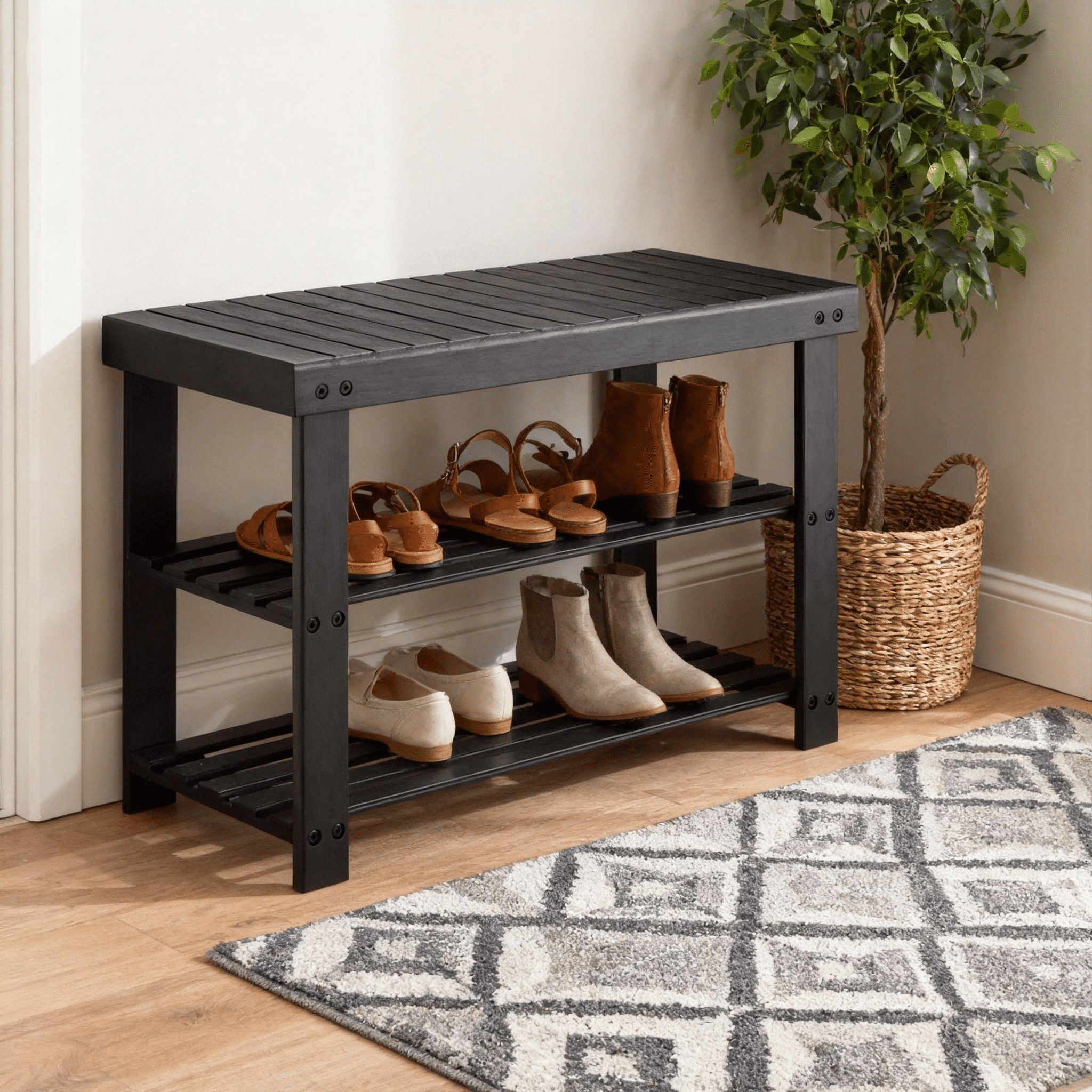 Shoe Rack Bench, 3-Tier Bamboo Shoe Storage Organizer, Entryway Bench, Holds Up to 300 lb, 27.6*11.2*17.9 Inches, for Entryway Bathroom Bedroom-Brown