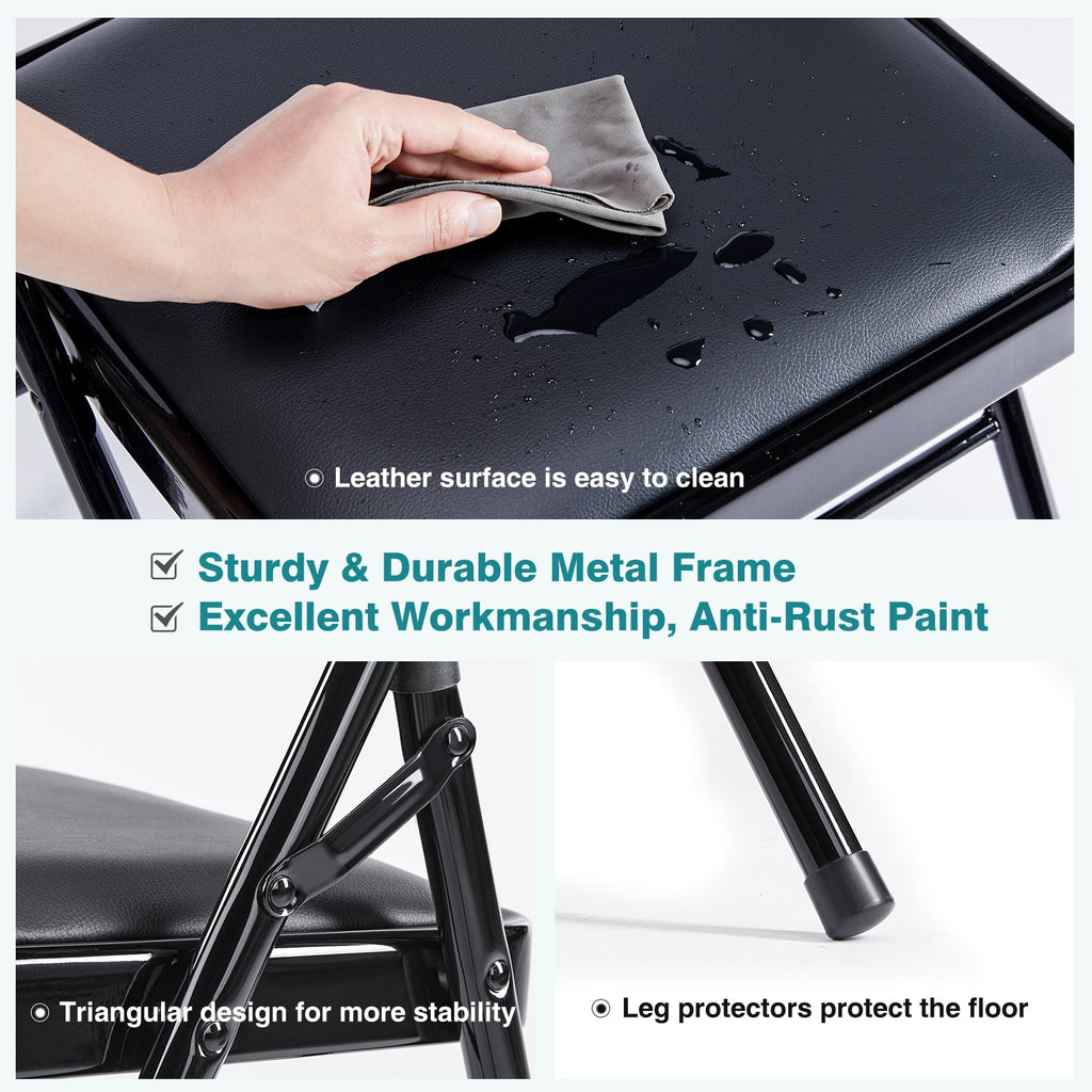 2 Pack Leather Padded Folding Chairs, Indoor Outdoor Stackable Portable Metal Frame Chairs, Comfortable Seating for Home Office Party Events, Black