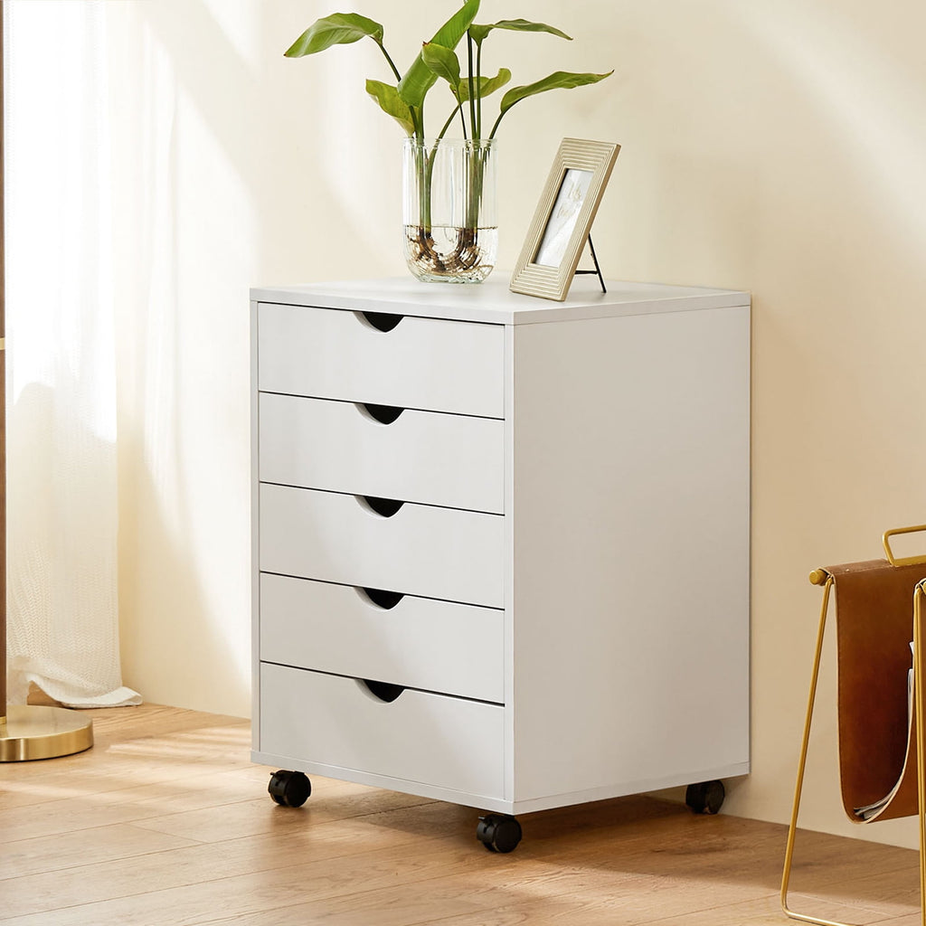 5-Drawer Chest, Wood Storage file Cabinet Rolling Storage Dresser with Wheels for Home Office, White