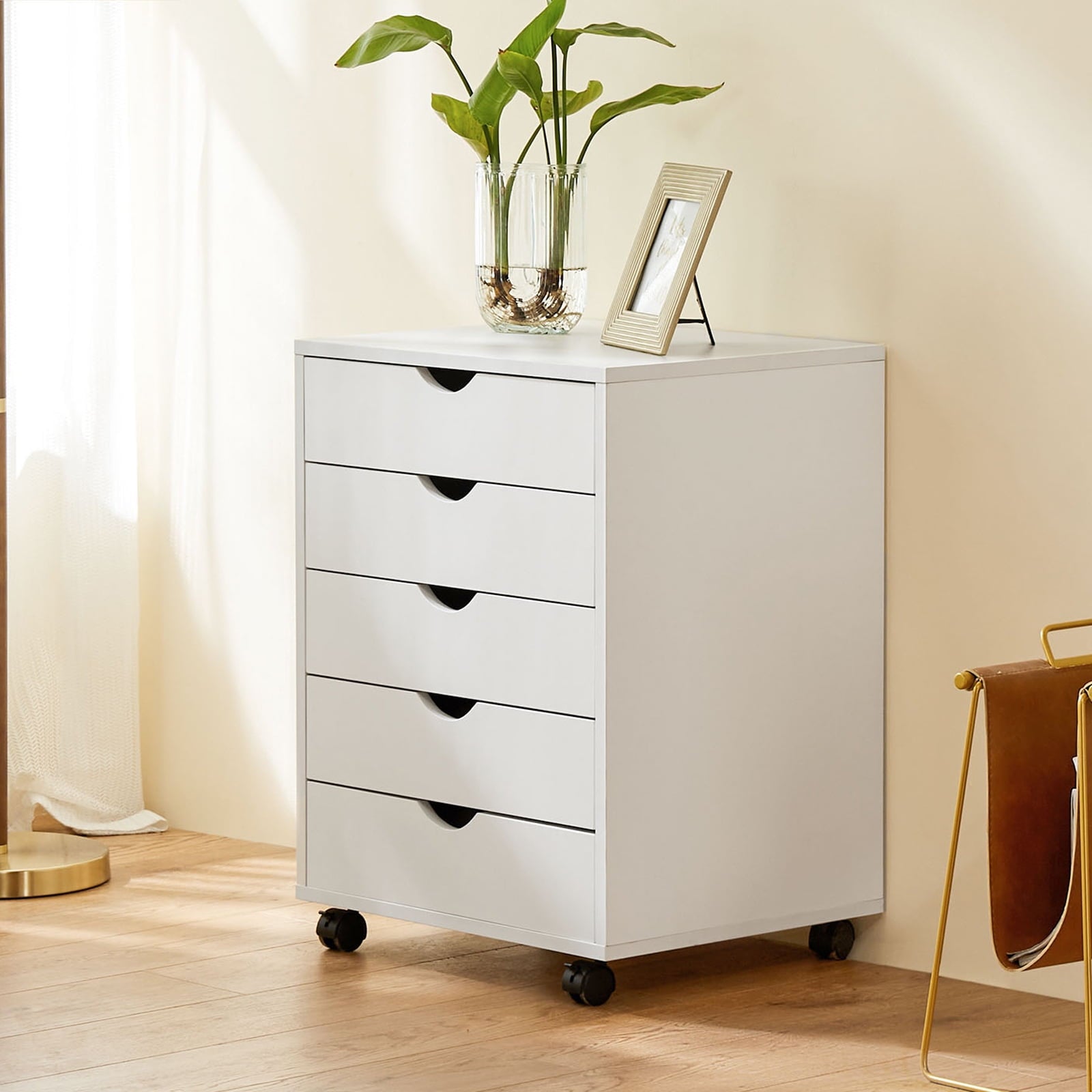 5-Drawer Chest, Wood Storage file Cabinet Rolling Storage Dresser with Wheels for Home Office, White