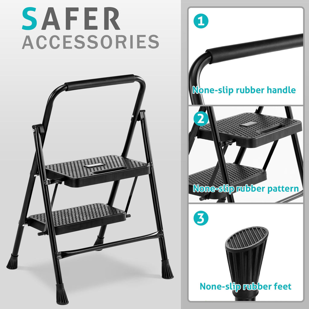 Heavy Duty 800lbs 2-Step Folding Ladder, Sturdy Steel Step Stool with Wide Anti-Slip Pedals, Lightweight Portable Ladder for Home, Kitchen, Garage