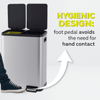 16 Gallon (30L x 2) Dual Compartment Step Trash Can, with Slow-Close Lids, Plastic Inner Buckets, Hands-Free, Easy to Clean, Stainless Steel for Kitchen, Bedroom, Living Room