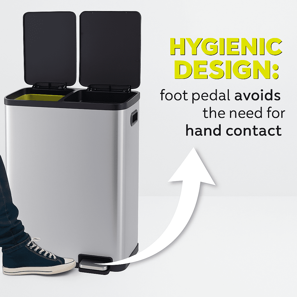 16 Gallon (30L x 2) Dual Compartment Step Trash Can, with Slow-Close Lids, Plastic Inner Buckets, Hands-Free, Easy to Clean, Stainless Steel for Kitchen, Bedroom, Living Room