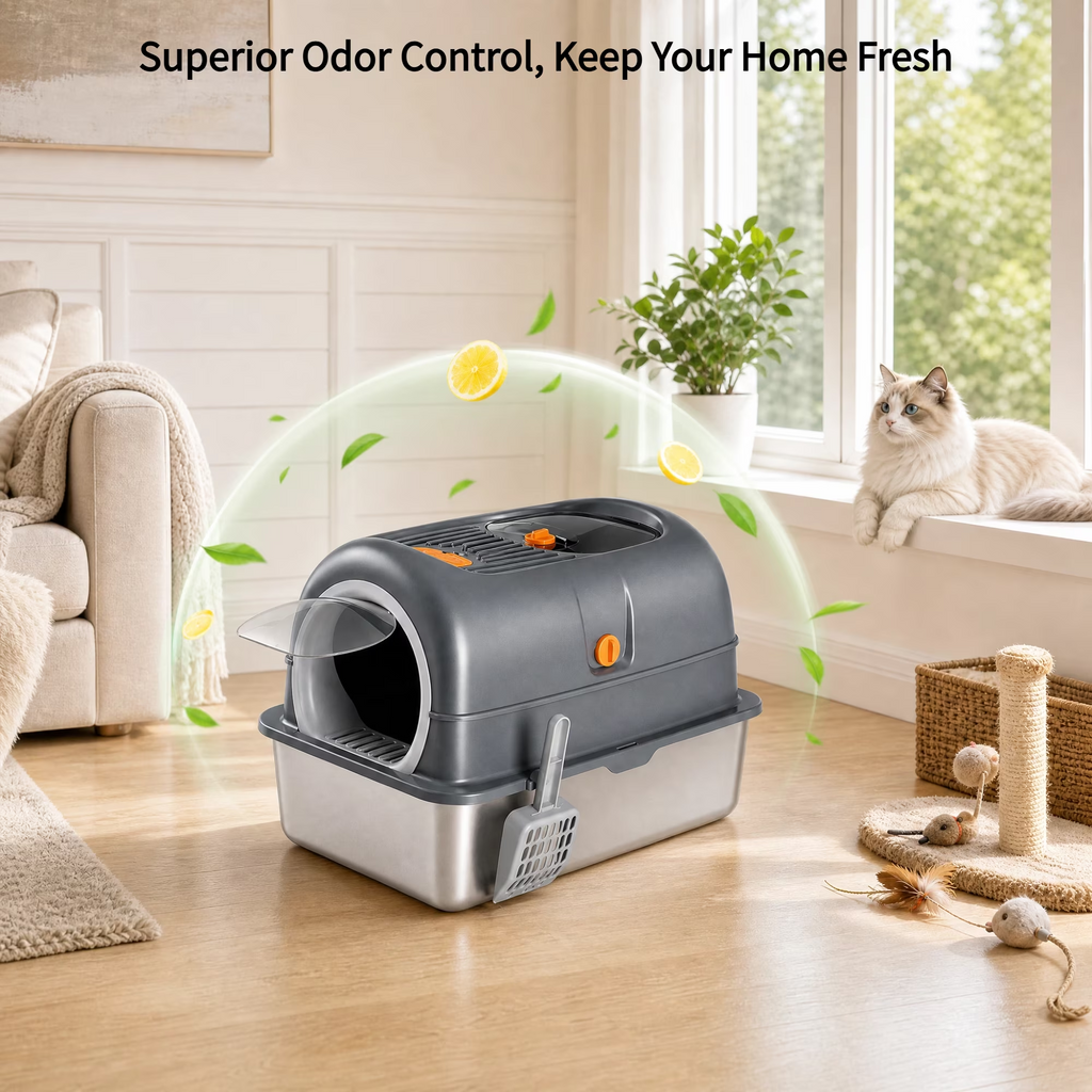 Roomisland Stainless Steel Litter Box with Lid, 3 in 1 Covered Metal Cat Litter Box,High Sided Anti-Leak Cat Box with Scoop & Mat, Front & Top Entry Easy Cleaning