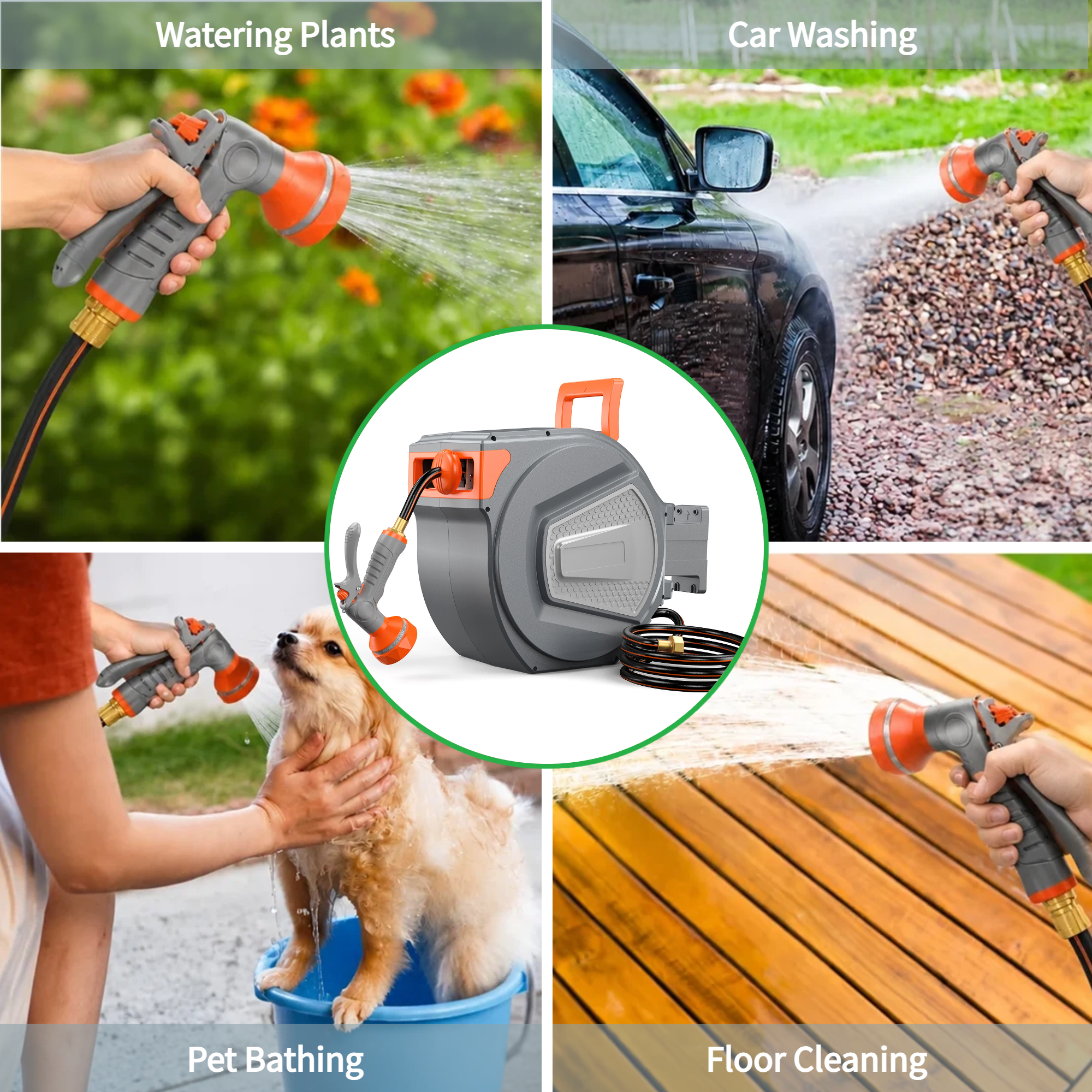 Retractable Garden Hose Reel 150ft, Wall Mount Auto-Rewind Water Hose Reel with 1/2" Anti-Kink Hose, 180° Swivel, Any-Length Lock, 9-Pattern Nozzle for Outdoor Yard & Patio