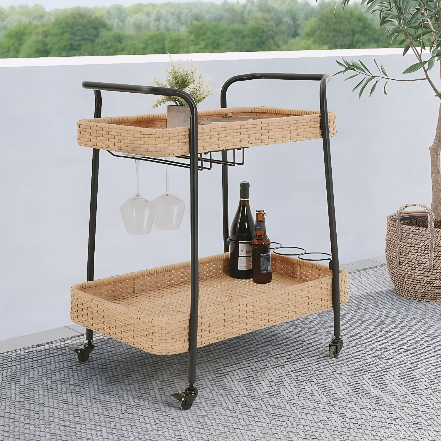 2-Tier Rolling Bar Cart with Wheels, Outdoor Indoor Rattan Beverage Serving Cart with Stemware Rack, Mobile Kitchen Utility Cart for Patio Garden Deck Party, Natural Color