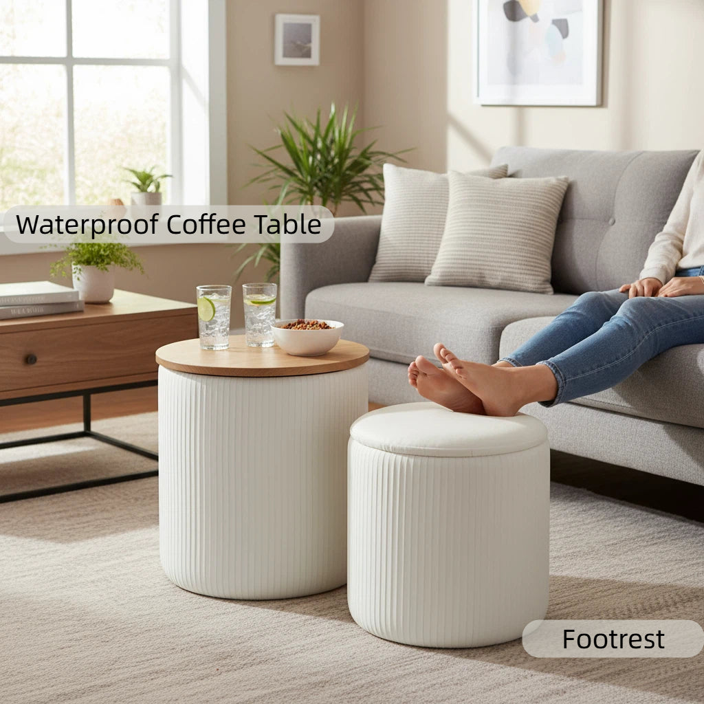 Nygira Round Ottoman with Storage Set of 2, Velvet Vanity Stool for Makeup, Foot Rest & Coffee Table for Bedroom, Living Room, White
