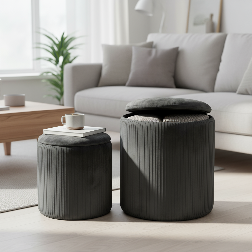 Nygira Round Ottoman with Storage Set of 2, Velvet Vanity Stool for Makeup, Foot Rest & Coffee Table for Bedroom, Living Room, Gray