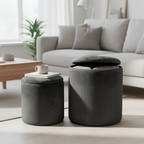 Nygira Round Ottoman with Storage Set of 2, Velvet Vanity Stool for Makeup, Foot Rest & Coffee Table for Bedroom, Living Room, Gray
