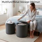 Nygira Round Ottoman with Storage Set of 2, Velvet Vanity Stool for Makeup, Foot Rest & Coffee Table for Bedroom, Living Room, Gray
