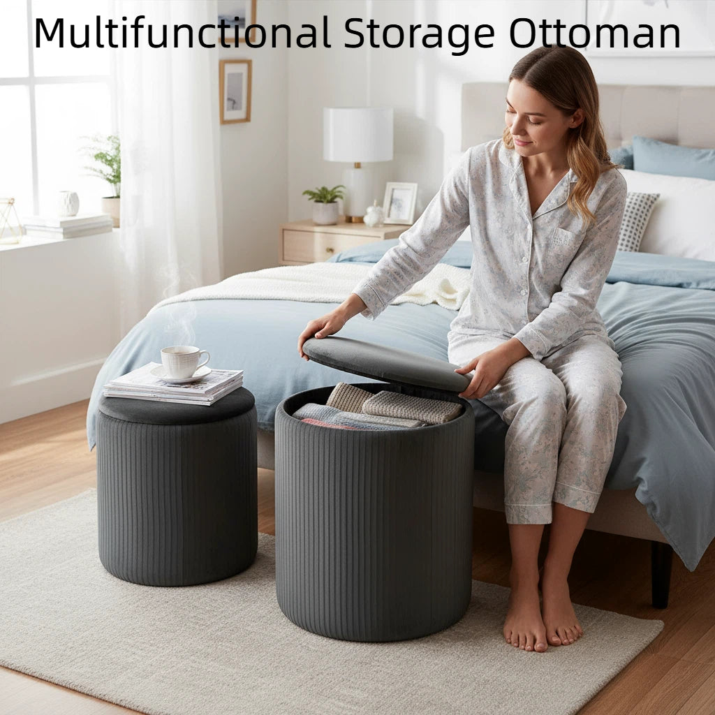 Nygira Round Ottoman with Storage Set of 2, Velvet Vanity Stool for Makeup, Foot Rest & Coffee Table for Bedroom, Living Room, Gray