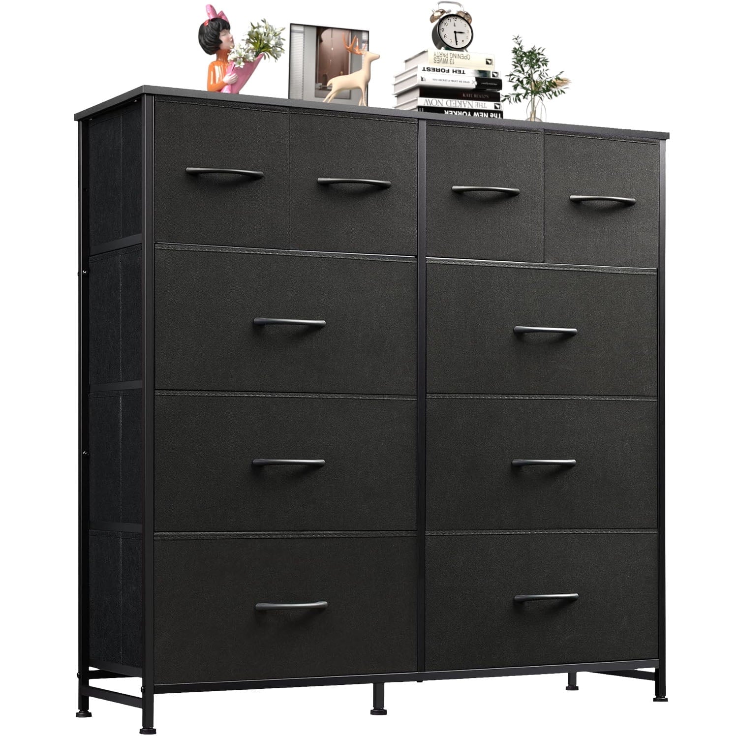 10 Drawers Dresser, Fabric Closet Chests Storage Organizer Tower with Wooden Top Metal Frame for Bedroom Living Room Hallway Entryway, Black